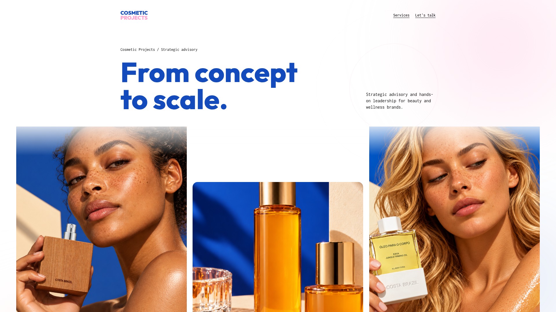 The current Cosmetic Projects homepage: “From concept to scale.” above beauty portraits and golden skincare products against blue backgrounds