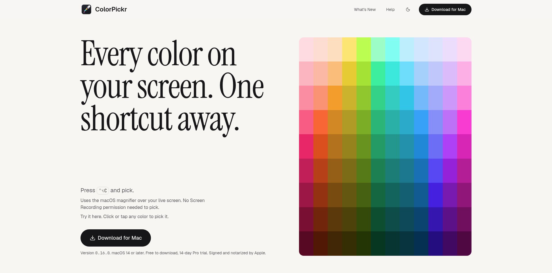 ColorPickr website: “Every color on your screen. One shortcut away.”