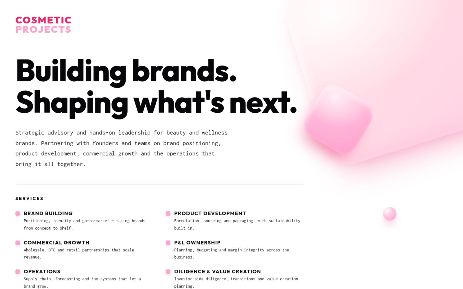The cosmeticprojects.com homepage: “Building brands. Shaping what’s next.” beside soft pink forms