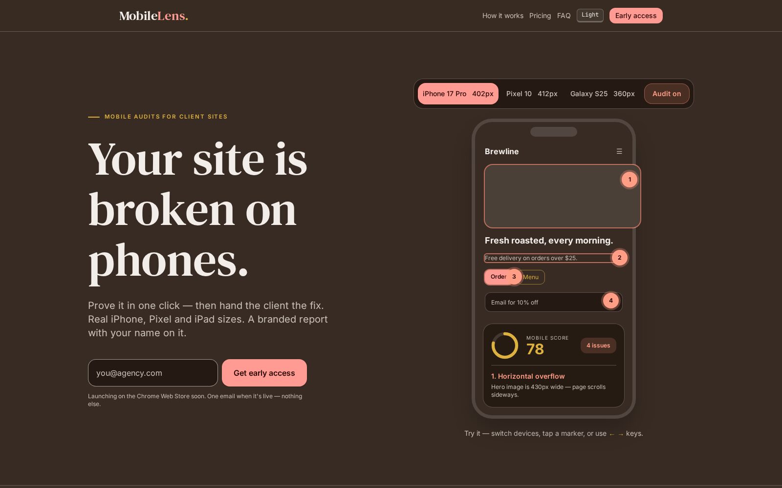 MobileLens website: “Your site is broken on phones.” with a live mobile audit of a coffee-shop site